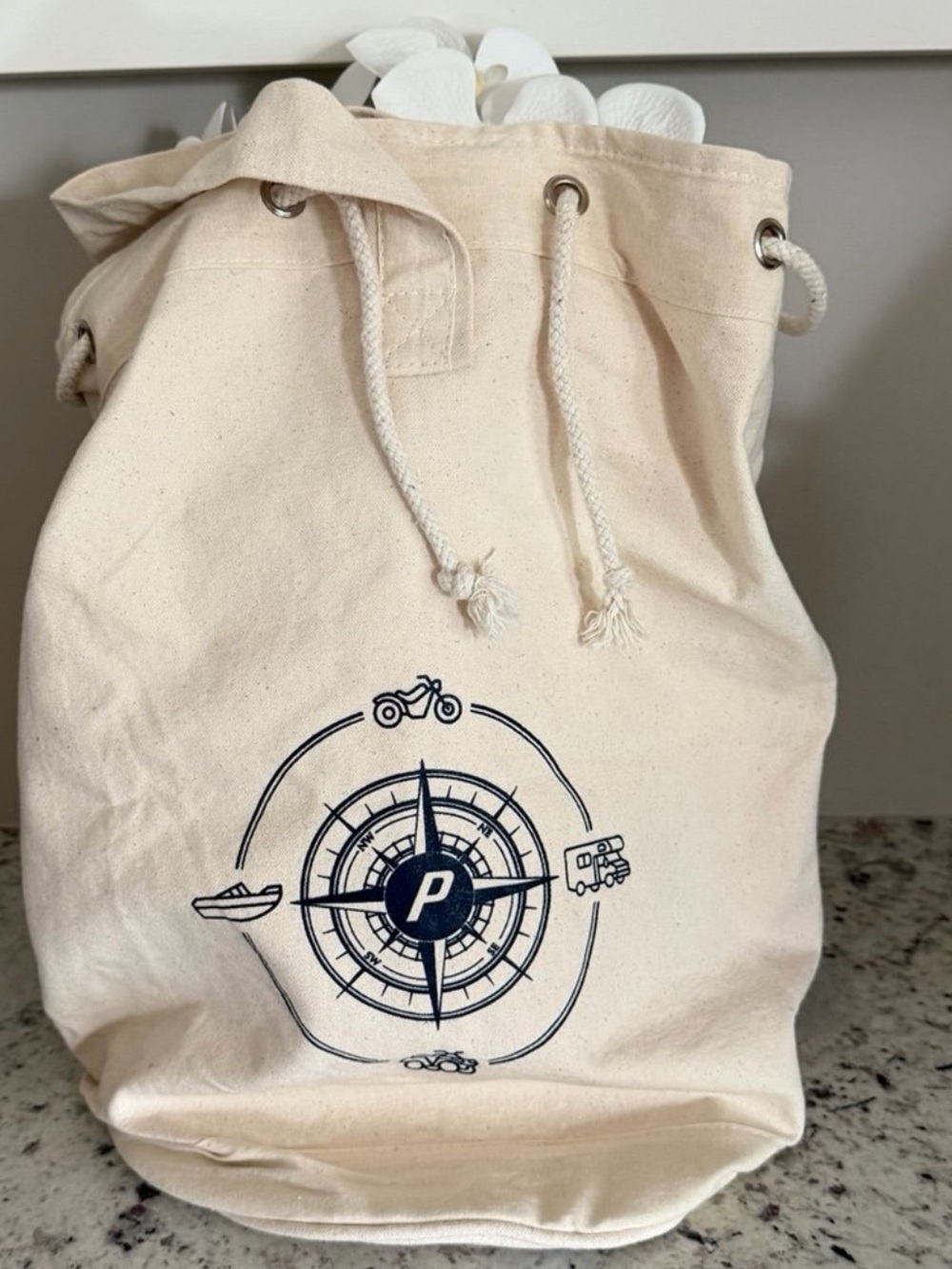 NWOT Canvas Drawstring Utility Travel Bag Compass Graphic Boat RV ATV Motorcycle